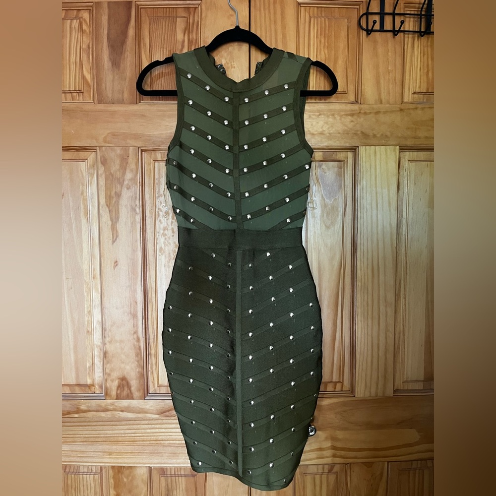 Size Small. Green Olive with Gold Studs. Sheer on the top must wear a nude bra